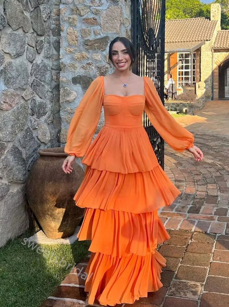 Orange Long Sleeves Ruffle A-Line Long Floor Length Prom Dress