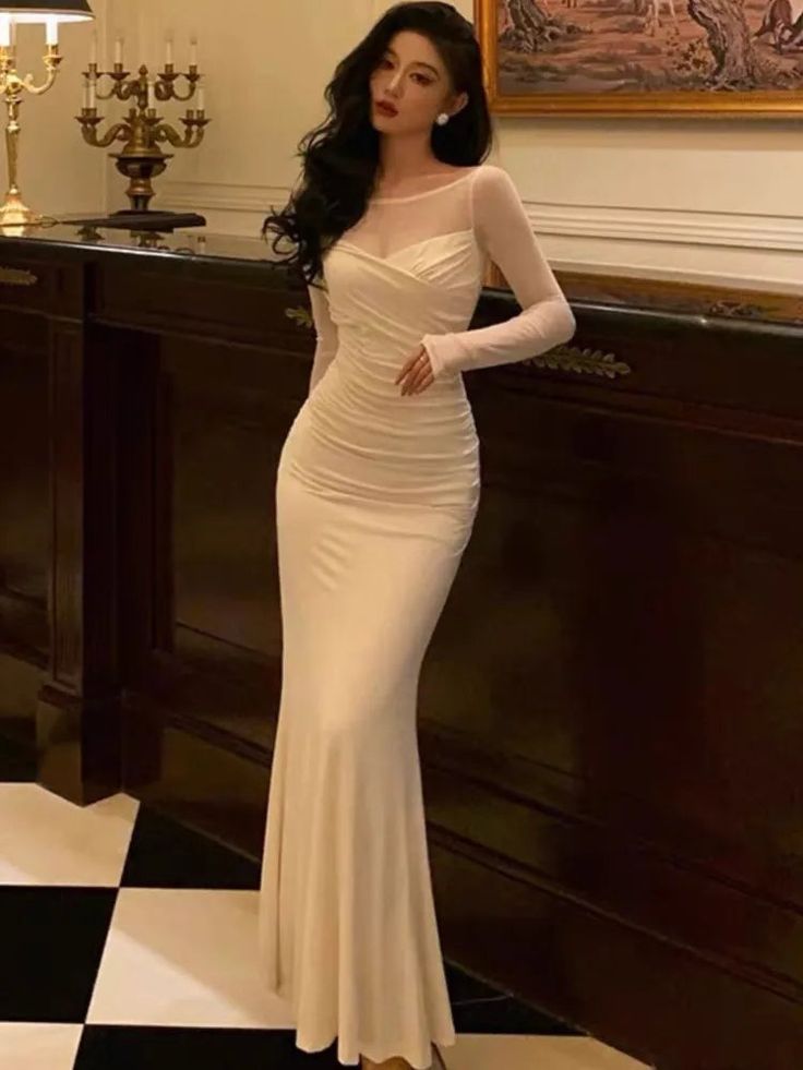 Mermaid Dress Women Patchwork Long Sleeves Vintage Solid Evening Party Gown fg5313