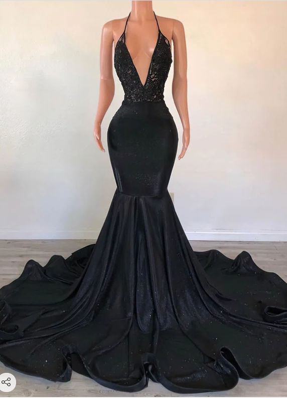 Black V Neck Trumpetmermaid Halter Evening Dress Glitter Sweep Train Appliques Lace Prom Dresses