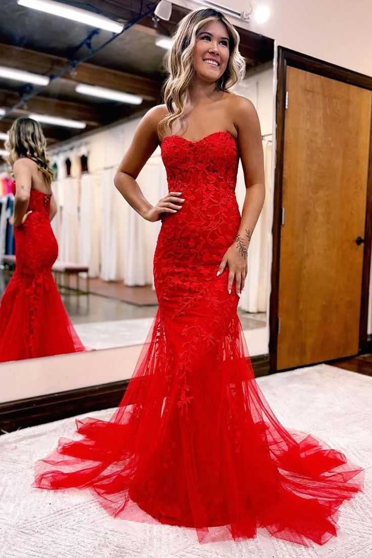 Cute Mermaid Sweetheart Lace Long Prom Dresses