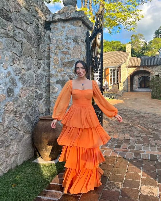 Orange Long Sleeves Ruffle A-Line Long Floor Length Prom Dress