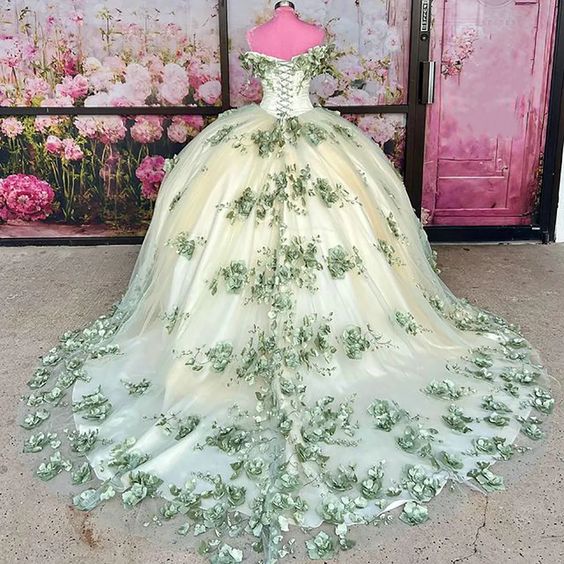 2024 New Sage Green Quinceanera Dress Plus Size 3D Flowers Pearls Prom Dresses fg4422