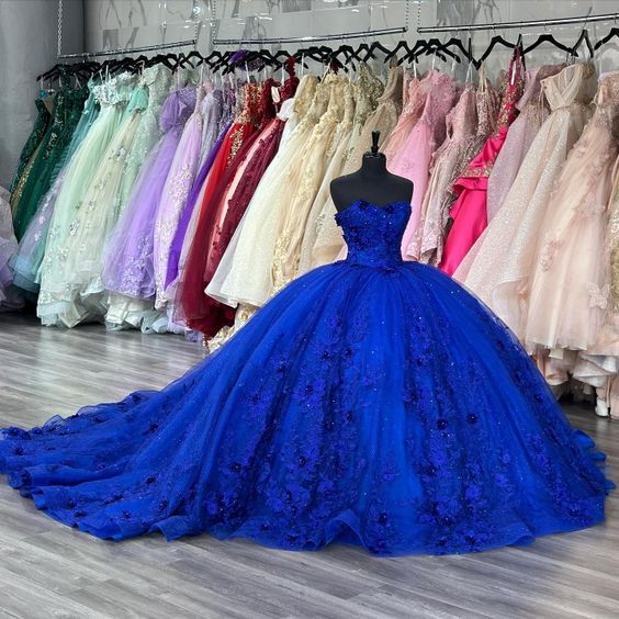 Blue Princess Quinceanera Dresses Sweetheart 3D Floral Applique Vestidos De 15 Aos Sweep Train Prom Lace Up Sweet 16 Dress