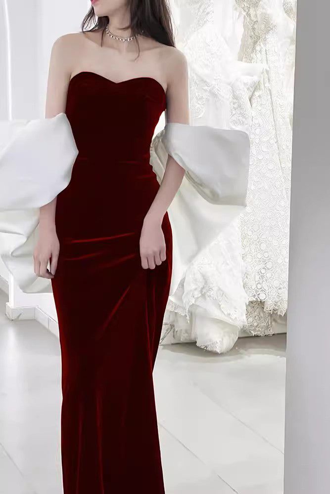Burgundy Sweetheart Mermaid Velvet Prom Dress With Removable Sleeves