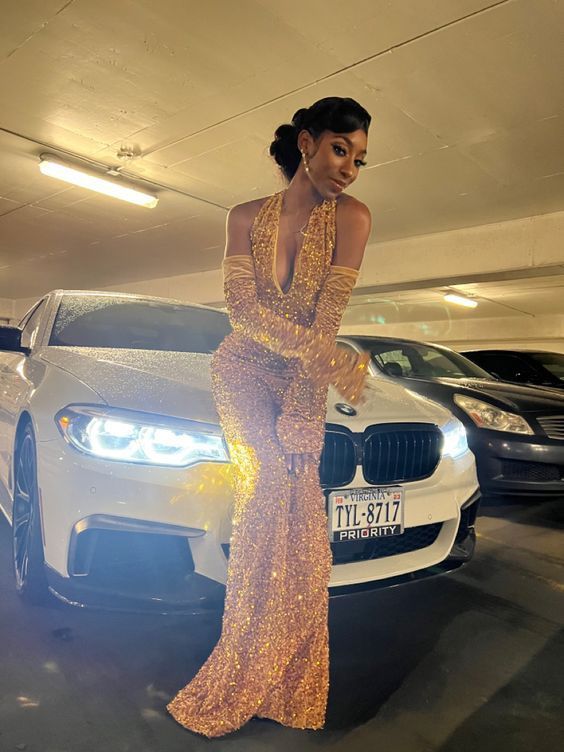 Deep V Neck Gold Sequins Mermaid Prom Dress