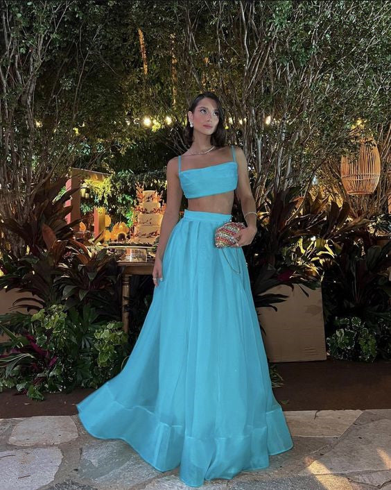 Blue Two Piece A-Line Long Prom Dress Formal Dress