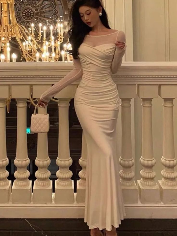 Mermaid Dress Women Patchwork Long Sleeves Vintage Solid Evening Party Gown fg5313