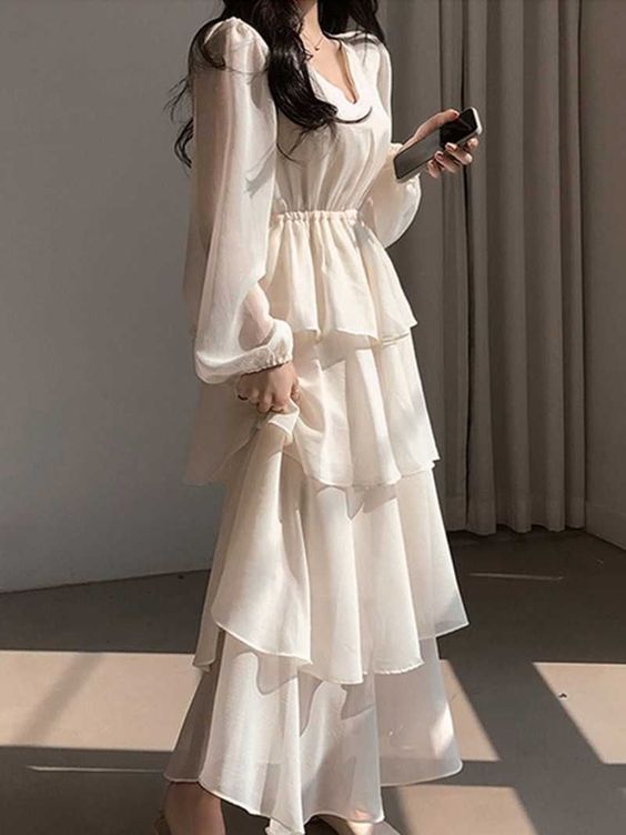 Casual Dresses V Neck Layered Ruffle Lantern Long Sleeve Cake Dress