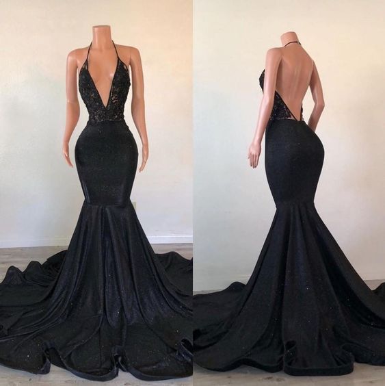 Black V Neck Trumpetmermaid Halter Evening Dress Glitter Sweep Train Appliques Lace Prom Dresses