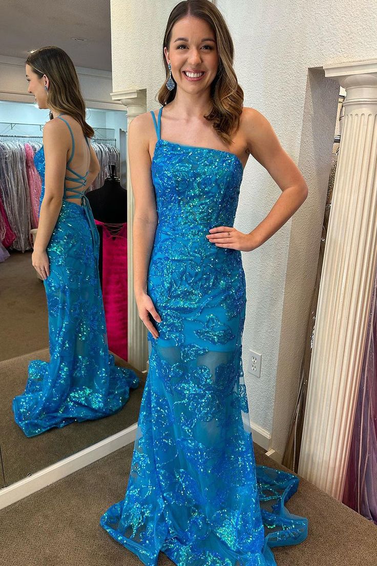One Shoulder Sequin Lace Mermaid Long Prom Dresses