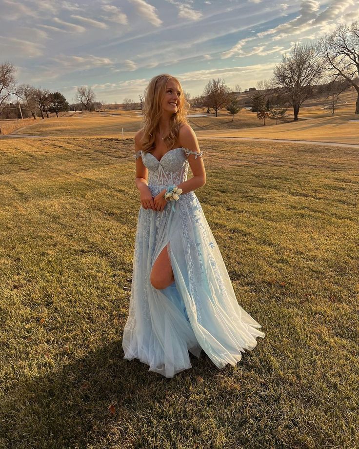 Cute A line Off the Shoulder Light Blue Long Prom Dresses with Appliques
