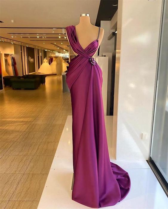 Designer Purple Prom Dresses Beaded Crystals Ruched Pleats Satin Spaghetti Straps Formal Evening Gown Party Wear