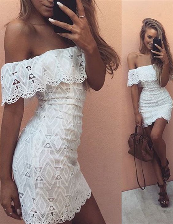 Cute White Lace Off-the-shoulder Homecoming Dress Short Prom Dress