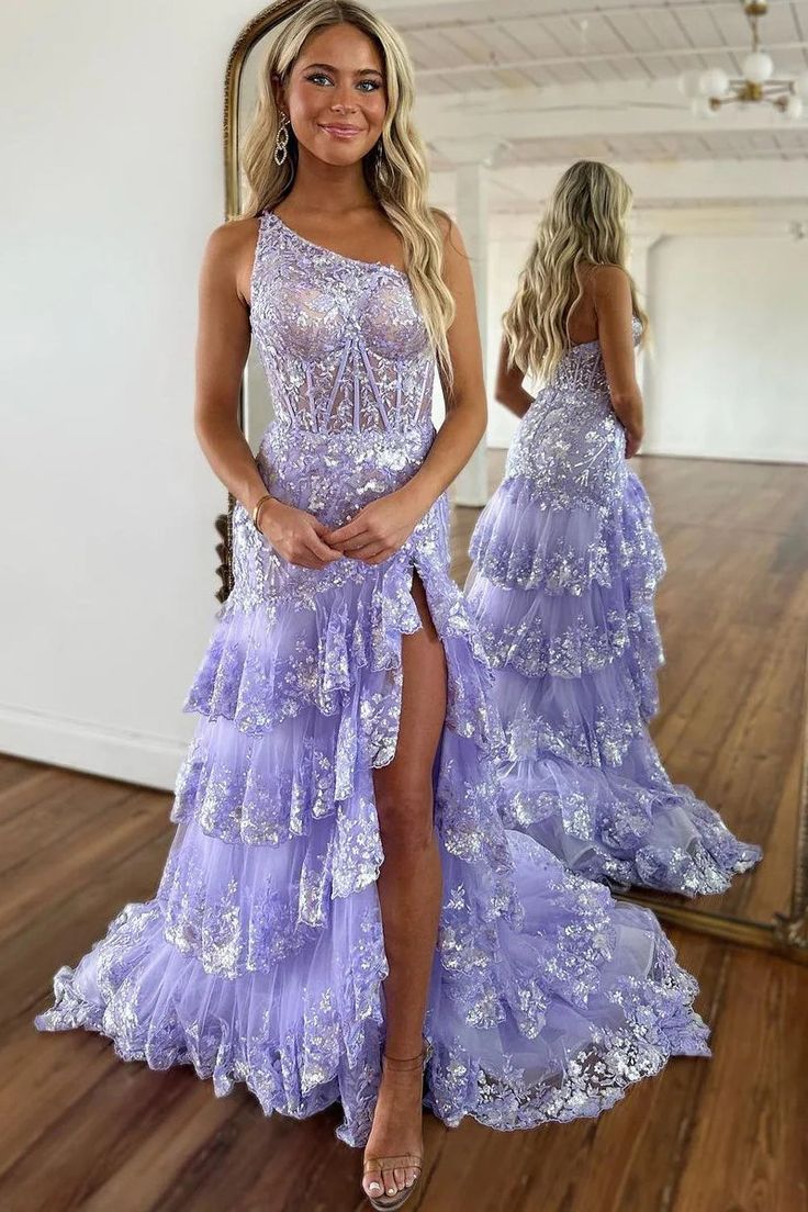 Cute A Line One Shoulder Lavender Tulle Long Prom Dresses with Sparkly Appliques