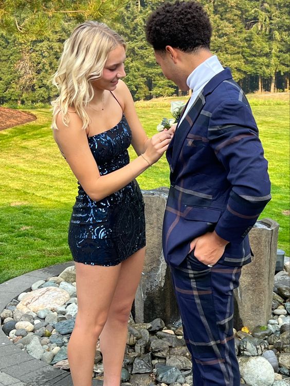 Dark Navy Sequin Homecoming Dress Straps Sheath Formal Dresses