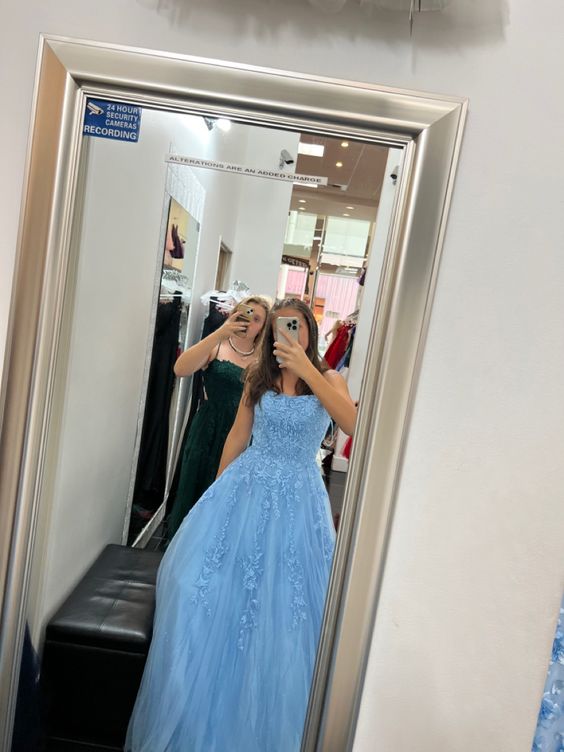 A Line Blue Spaghetti Strap Evening Prom Dresses fg3212