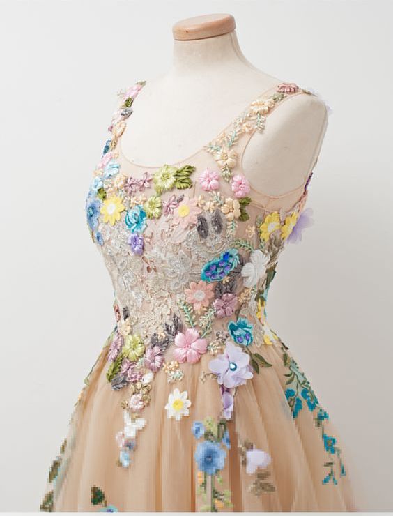 Champagne A-line Sleeveless Tulle Prom Gown With Embroidery,sleeveless Prom Gown With Hand-made Flowers,prom Dress,evening Gown For Teens        fg3824