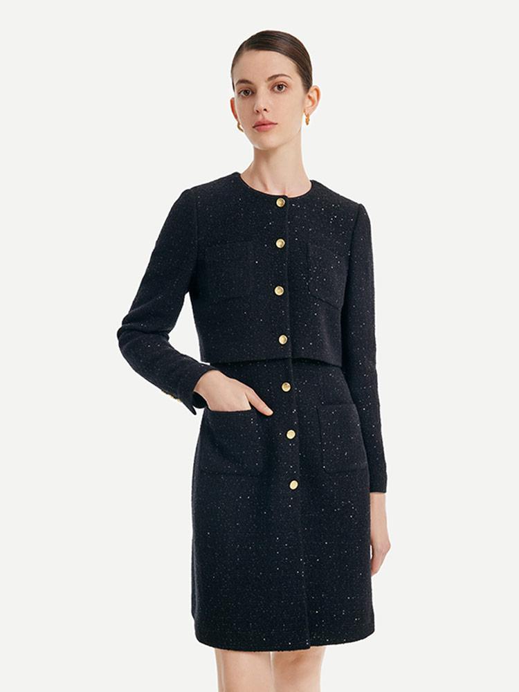 Tweed Collarless Button Front Patch Pocket Long Sleeve Mini Coat Dress - View 2