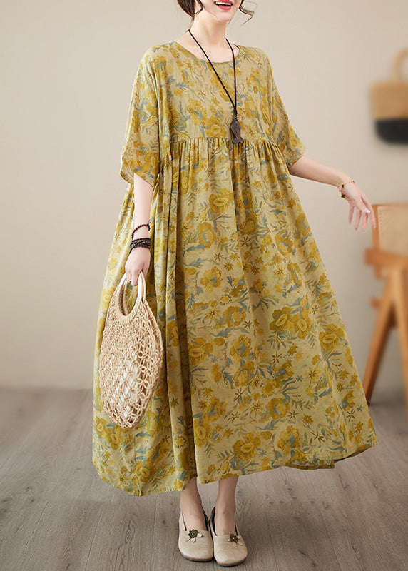 Floral Print Round Neck Dropped Shoulder Elbow Sleeve Empire Waist Pleated Maxi Summer Dress
