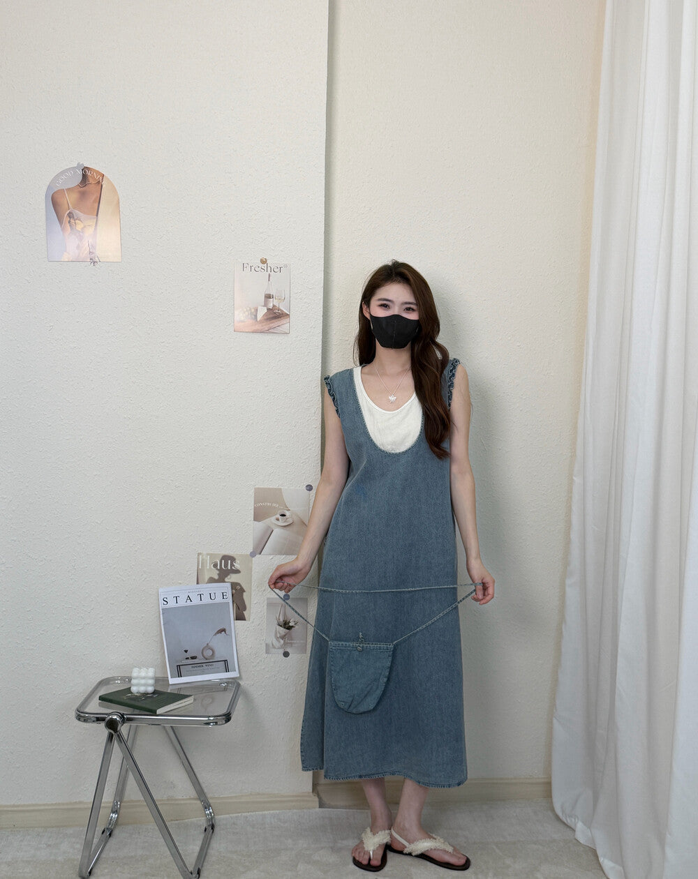 Faux Two Piece Denim Sleeveless Ruffle Trim A-Line Midi Dress 22