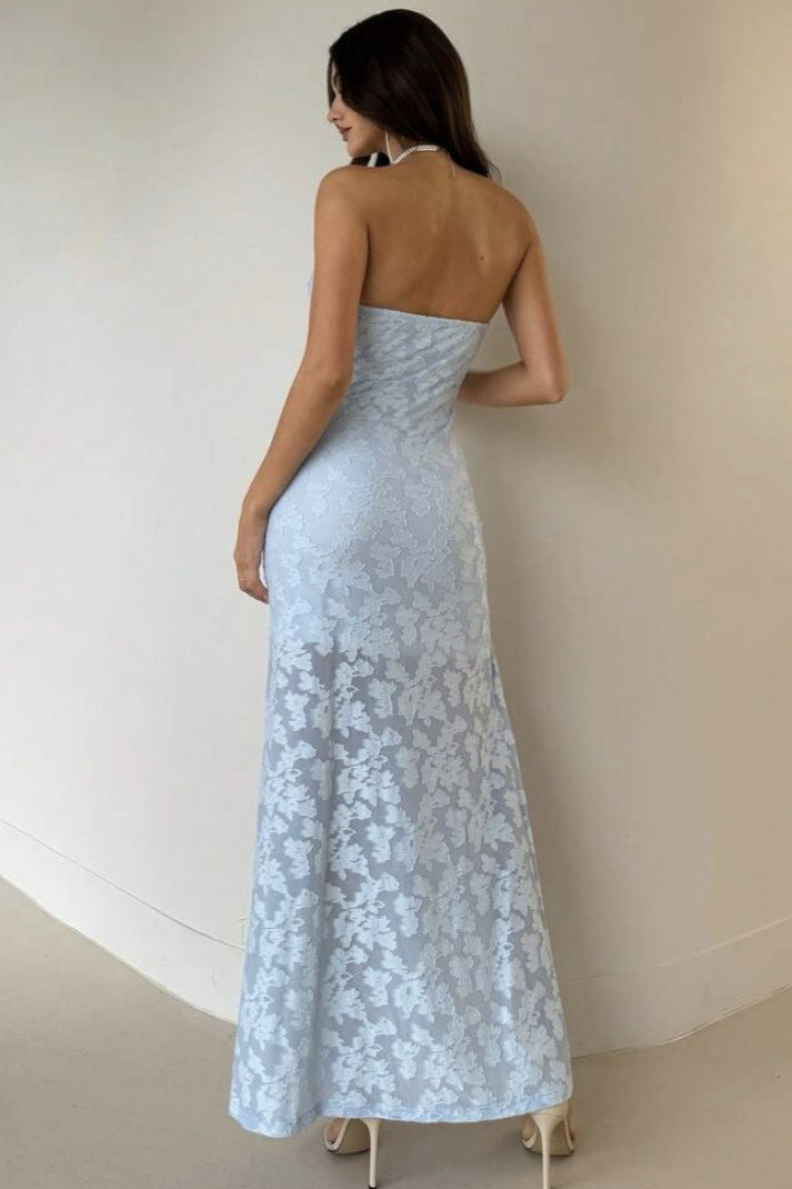 Floral Lace Strapless Ruched High Split Maxi Dress 7
