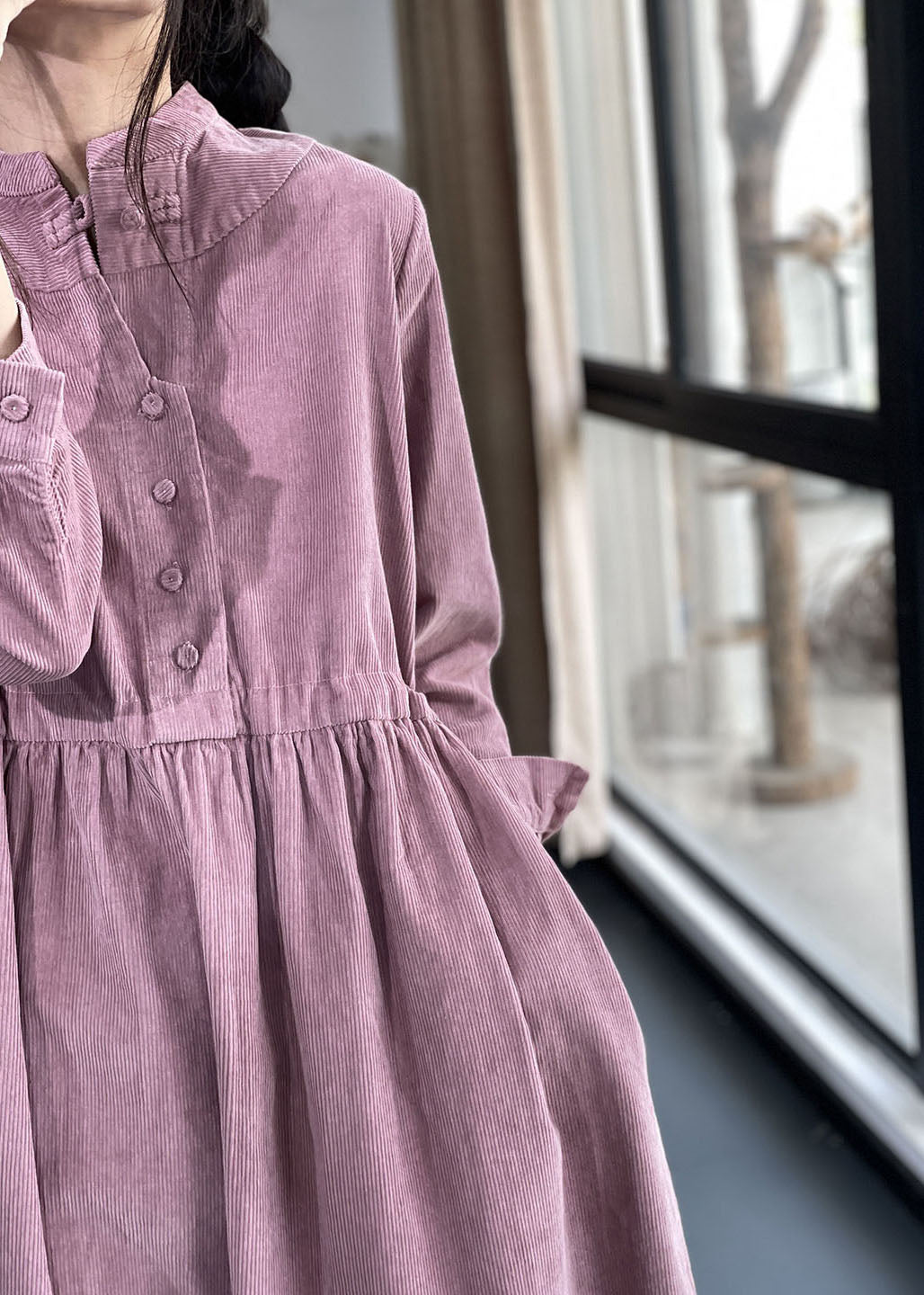 Corduroy Mock Neck Button Front Long Sleeve Pocket Midi Dress