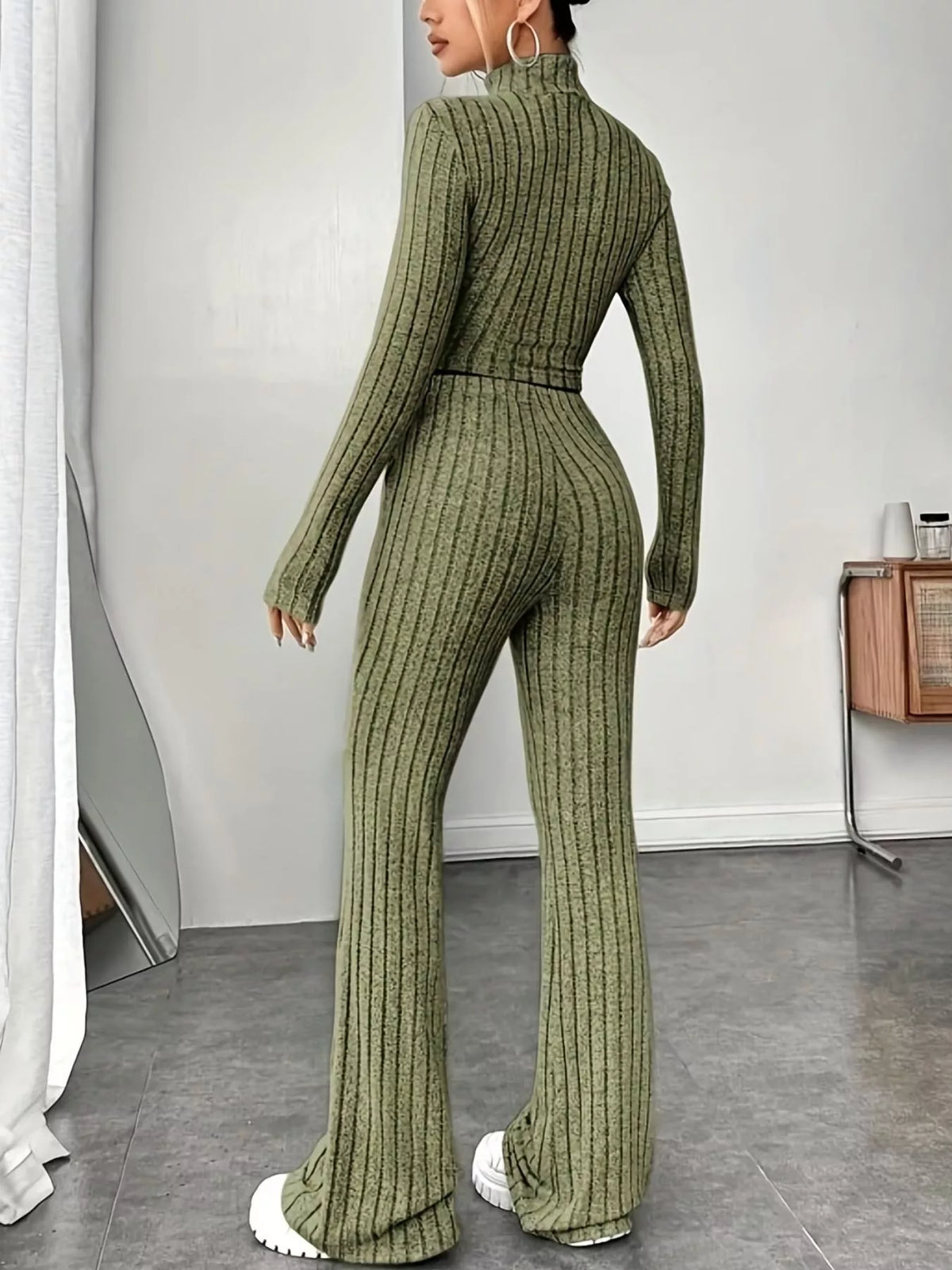 Mock Neck Long Sleeve Ribbed Knit Crop Top and Flare Pants Two Piece Set 3