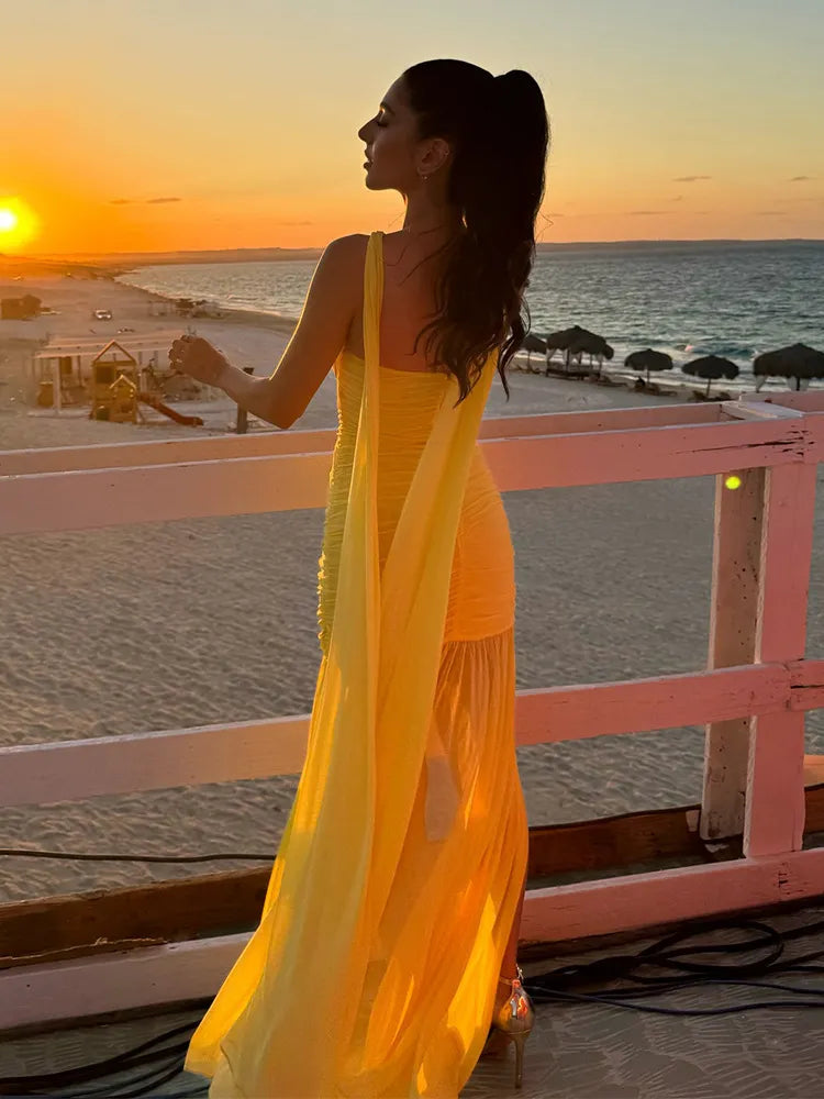 Sheer Mesh Asymmetric Halter Neck Ruched Bodice Mermaid Maxi Dress 12
