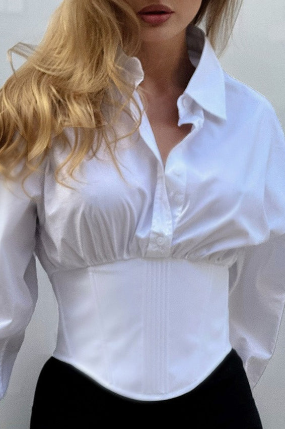 Retro Corset Cropped Tie Front Long Sleeve Top