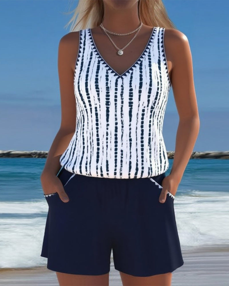 Striped V-Neck Sleeveless Pocket Playsuit