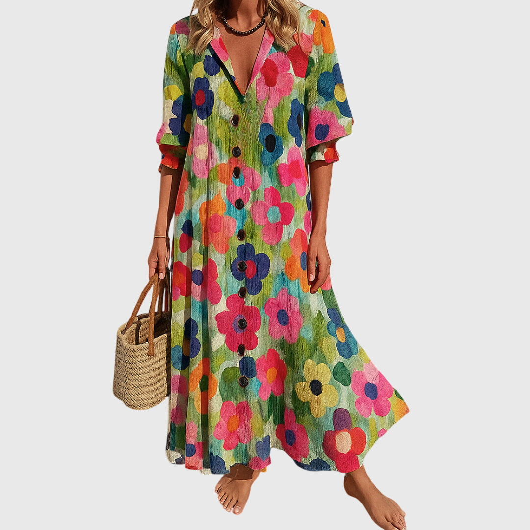 Floral Print V-Neck Button Front Puff Sleeve Maxi Dress