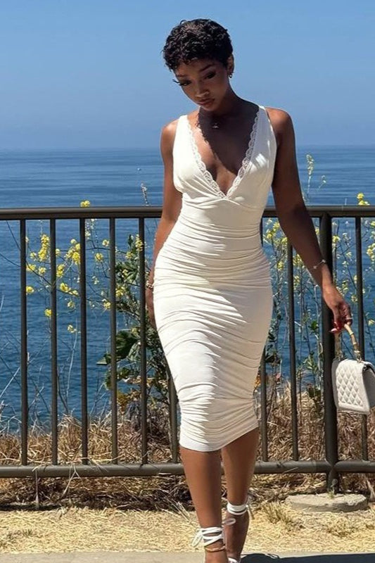 V Neck Lace Trim Bodycon Midi Dress
