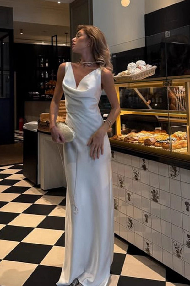 Satin Draped Neck Formal Dress - View 2
