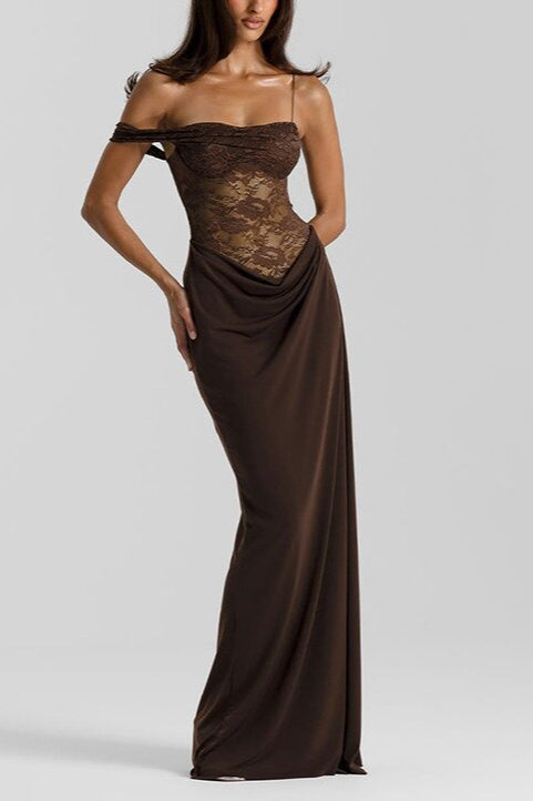 Sheer Lace Bodice Asymmetric Strap Draped Bodycon Maxi Dress