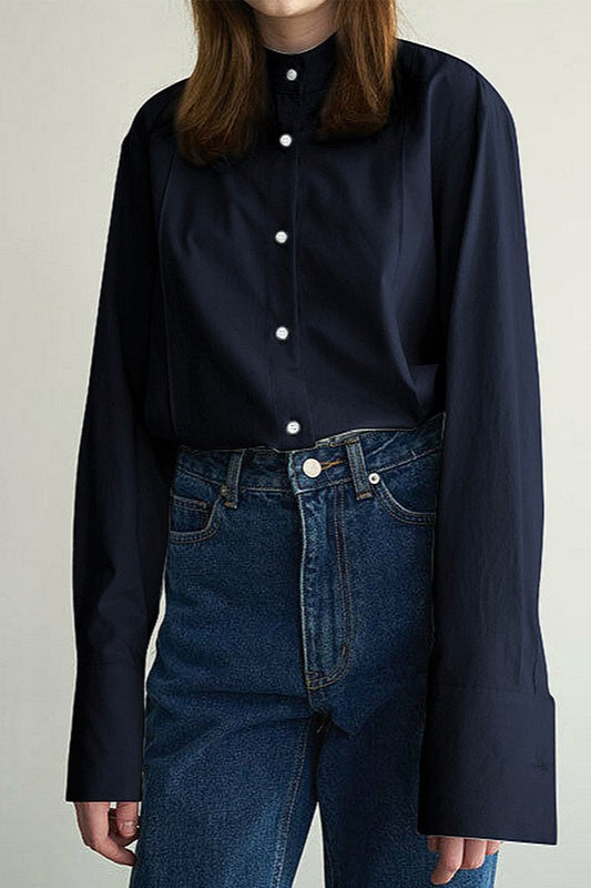 Tie Neck Stand Collar Long Sleeve Split Cuff Button Front Blouse 4