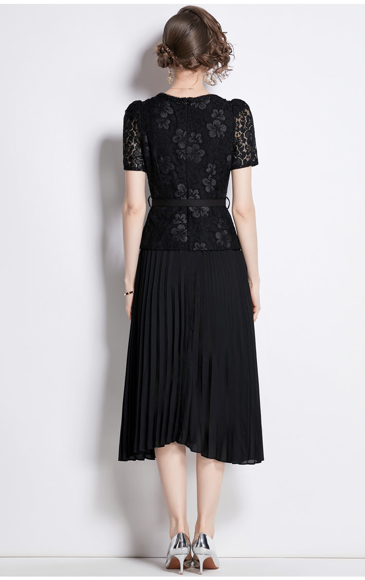 Faux Two Piece Lace Long Sleeve Pleated Midi Dress 35