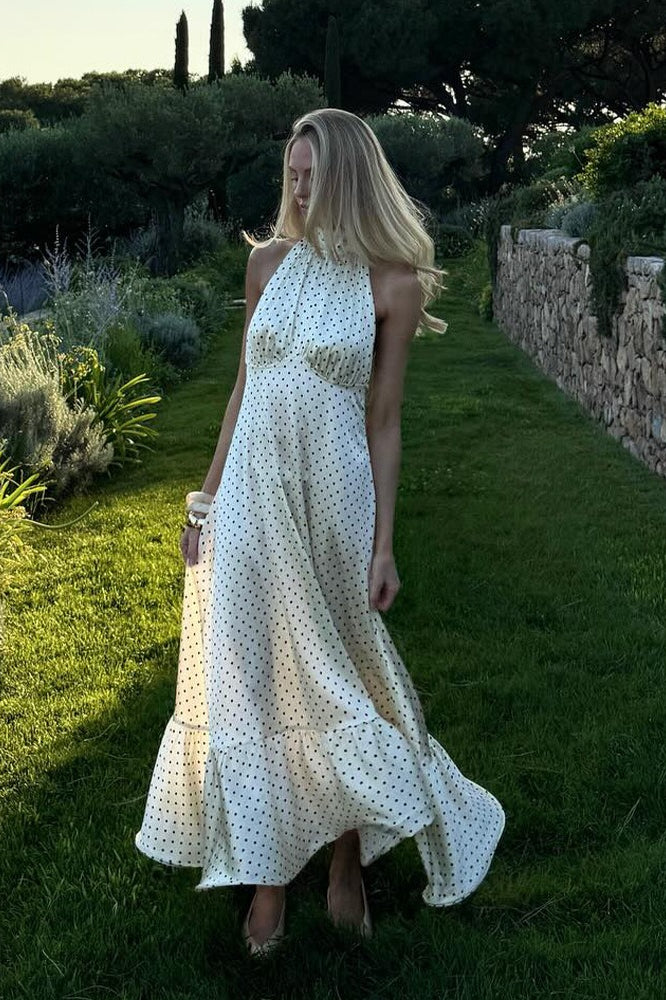 Polka Dot Backless Satin Maxi Dress 3