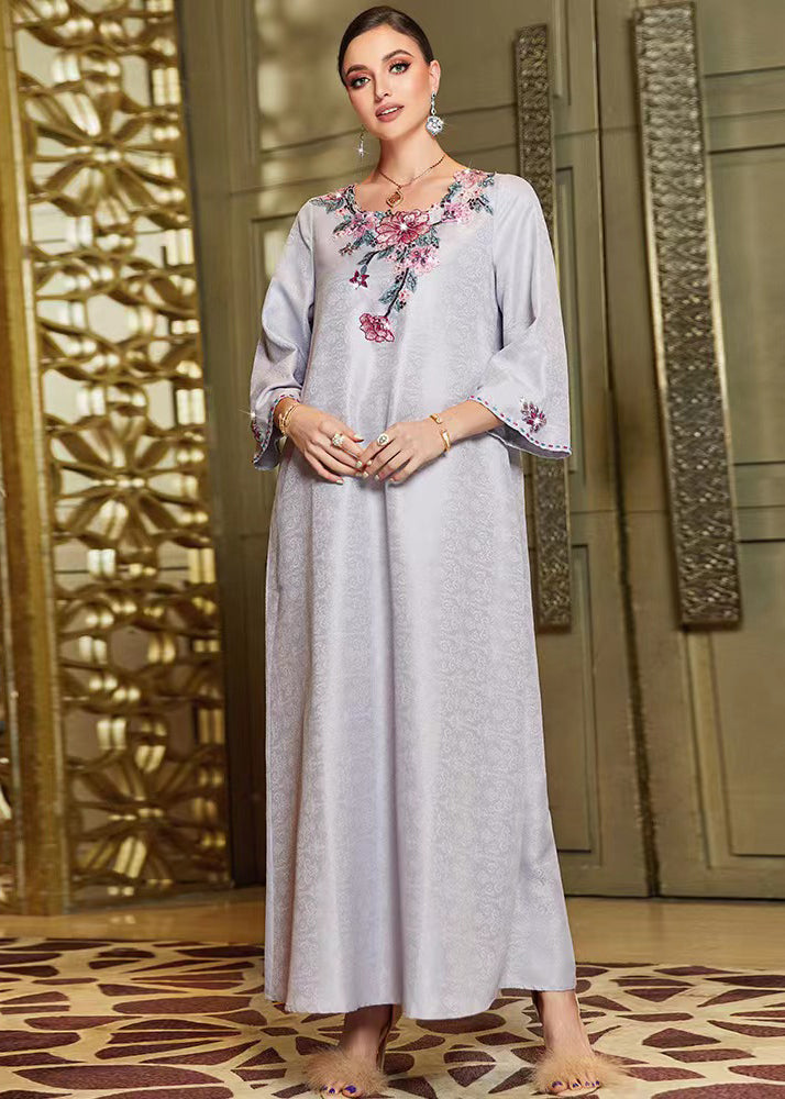 Jacquard Floral Embroidery Round Neck Bell Sleeve Kaftan Maxi Dress