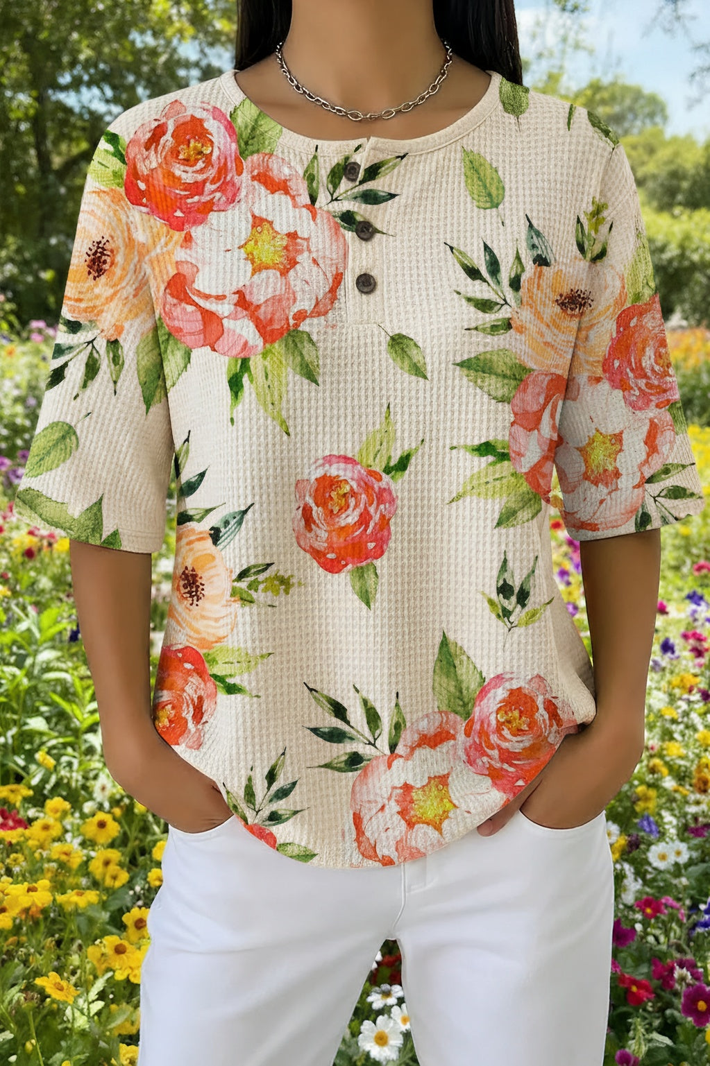 Womens Cream Orange Floral Print Casual Shirt