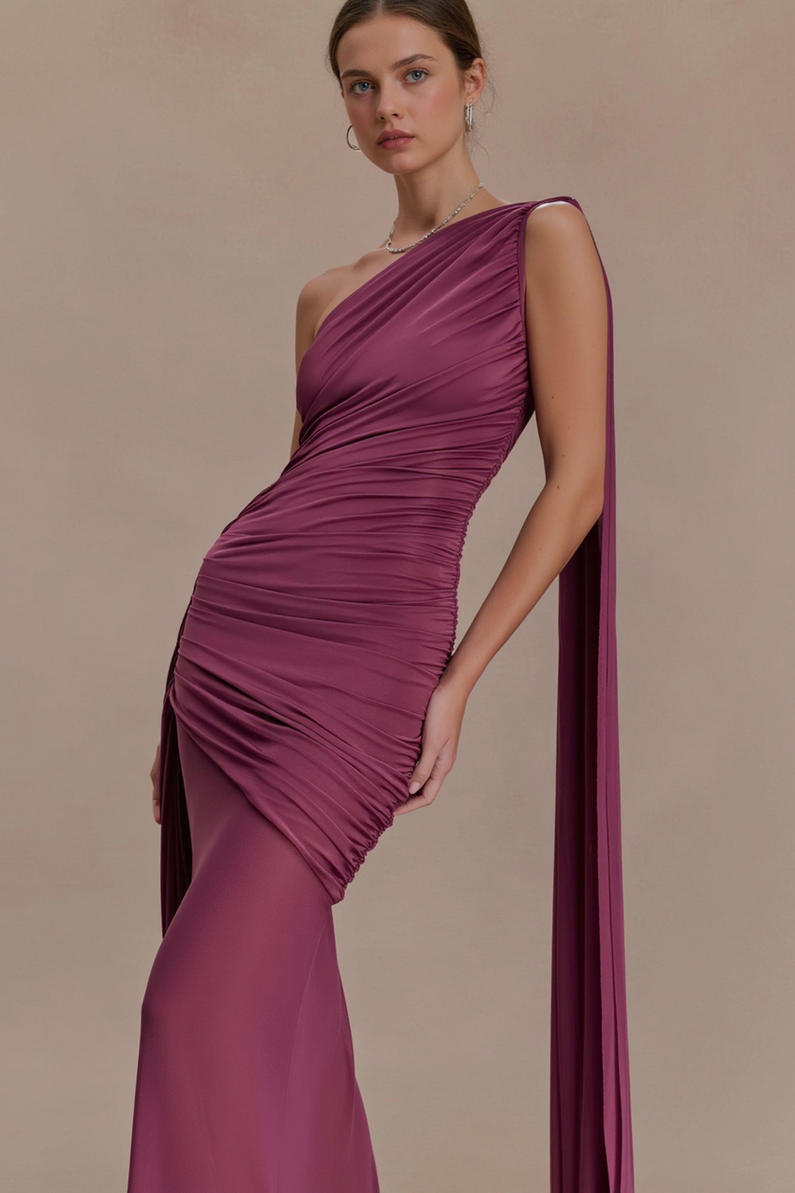 Elegant Mesh Paneled One Shoulder Cape Fitted Party Dress
