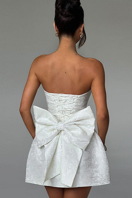 Jacquard Strapless Bow Back Fit and Flare Mini Dress