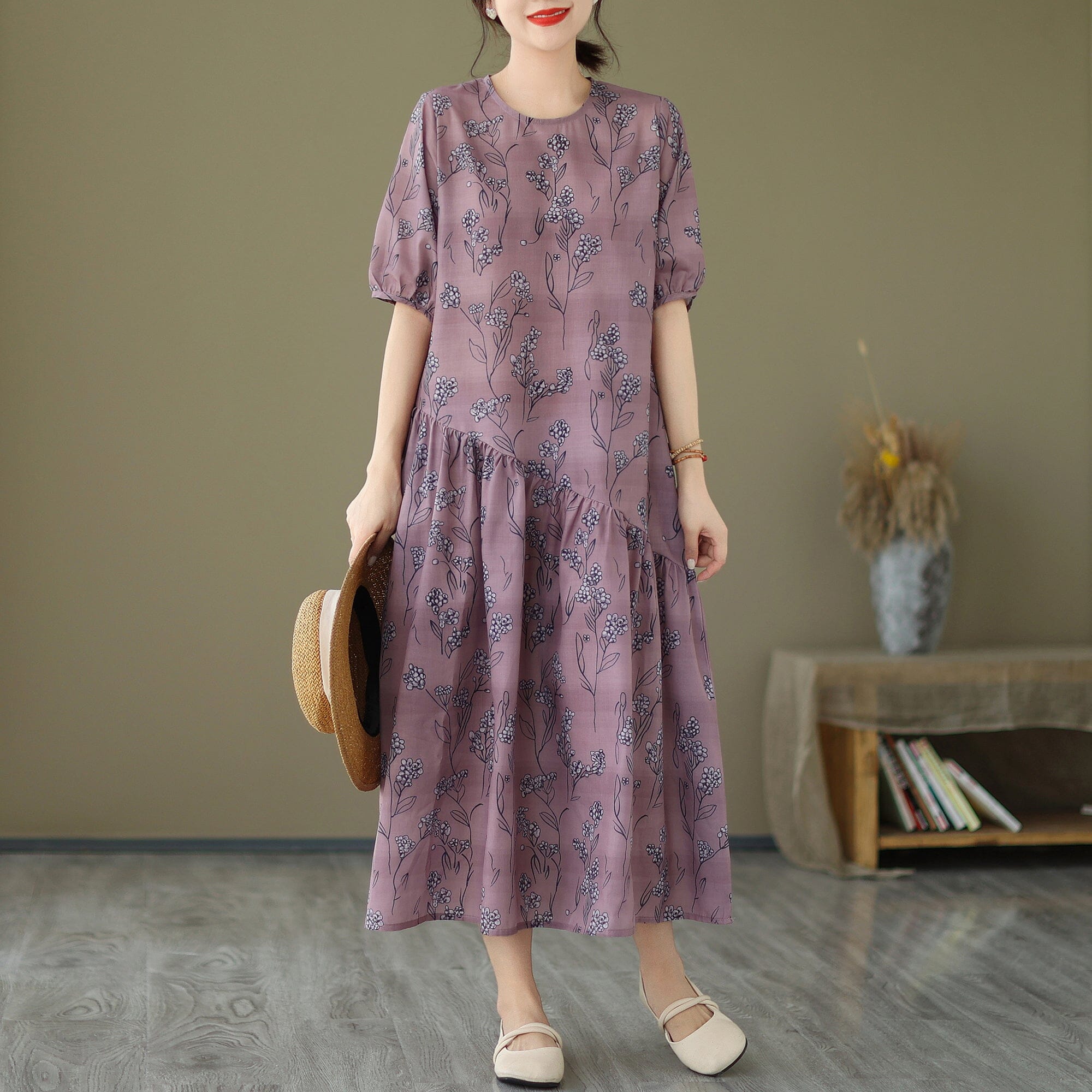 Floral Print Round Neck Short Puff Sleeve Asymmetrical Ruffle Tier Midi Dress