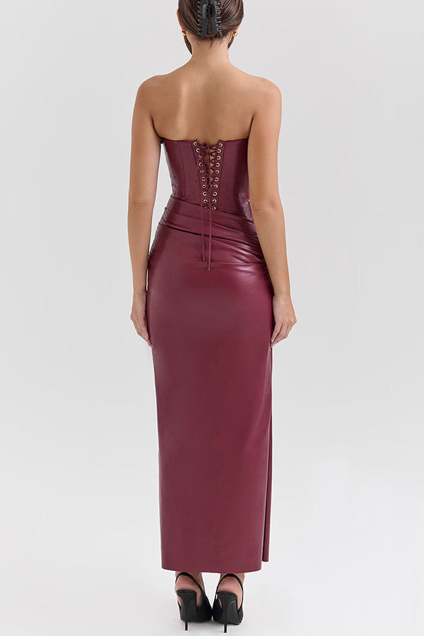 Charm Redefined Faux Leather Off Shoulder Back Lace-up Maxi Dress - View 10