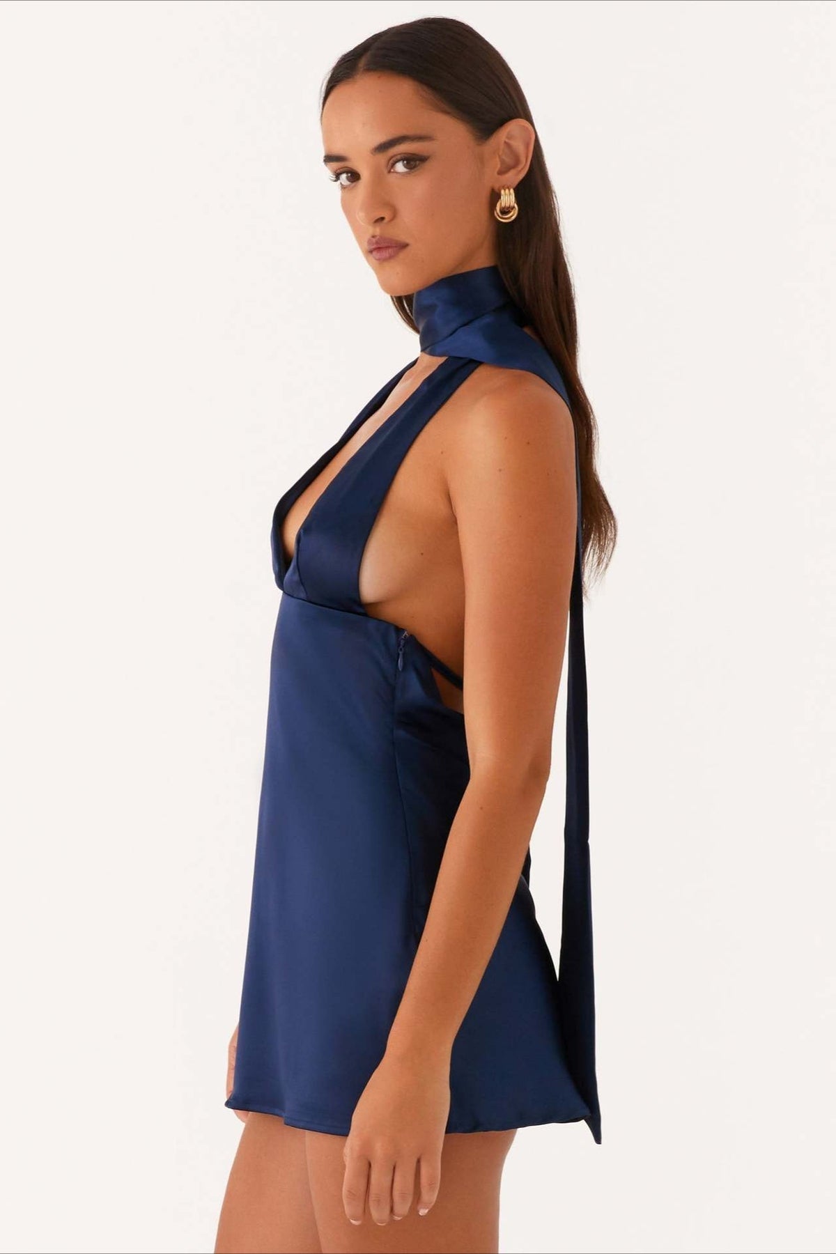 Satin Halter Scarf Neck Deep V-Neck Cut Out Mini Cocktail Dress