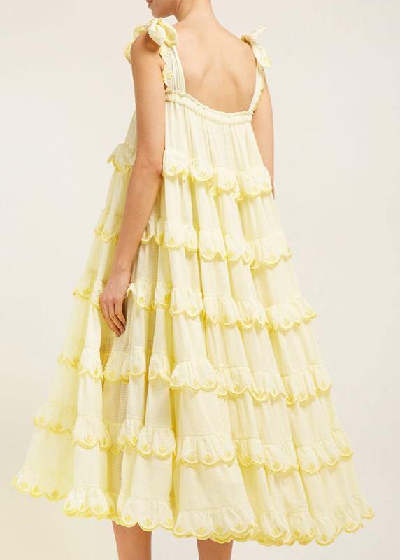 Spaghetti Strap Tiered Ruffle Scallop Embroidered Low Back Maxi Dress