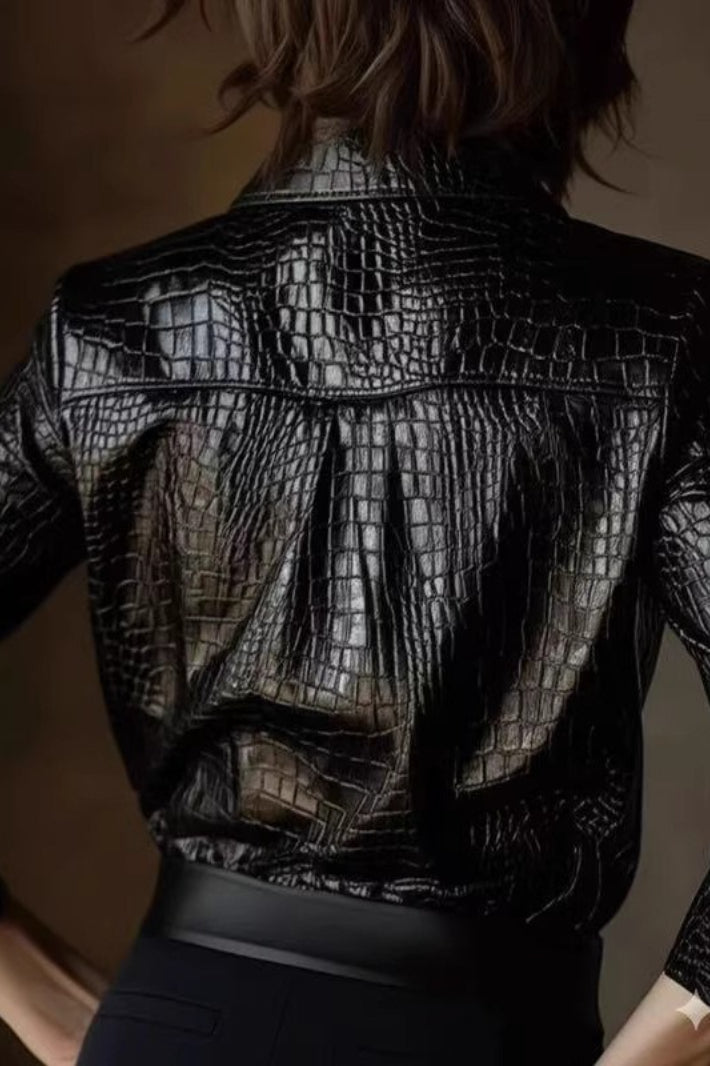 Crocodile Embossed Faux Leather Collared Button Front Long Sleeve Shirt 2