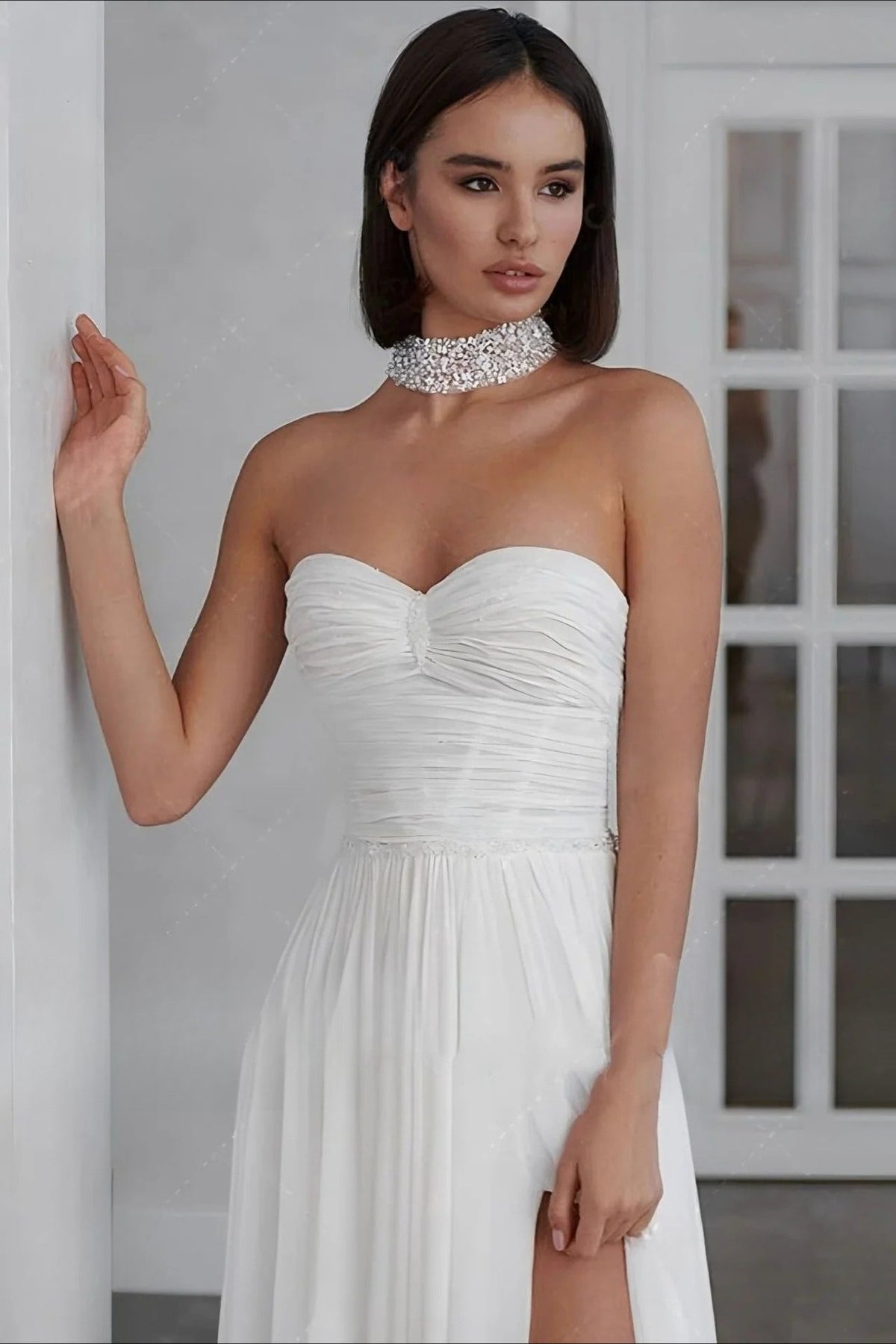 Strapless Sweetheart Ruched Bodice Chiffon High Split Maxi Dress 3