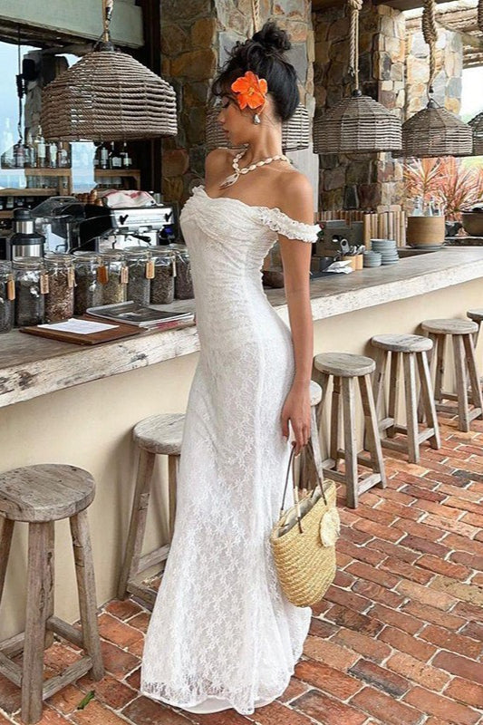 Off Shoulder Sweetheart Ruffle Cap Sleeve All Over Lace Fitted Maxi Dress