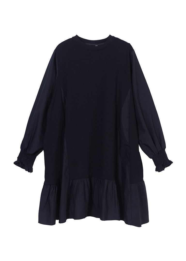 Knit Panel Round Neck Balloon Sleeve Smocked Cuff Ruffle Hem Mini Dress