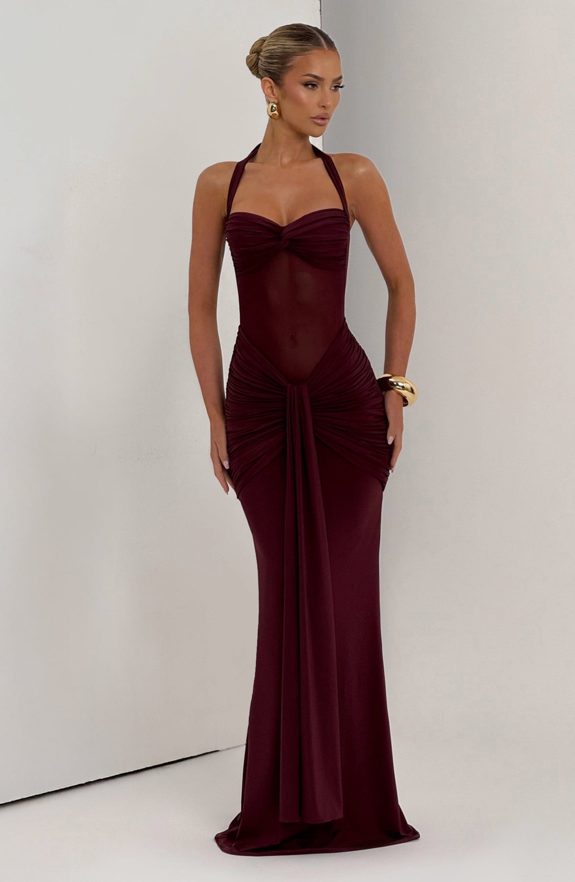 Halter Neck Twist Bust Sheer Mesh Ruched Drape Maxi Gown 4